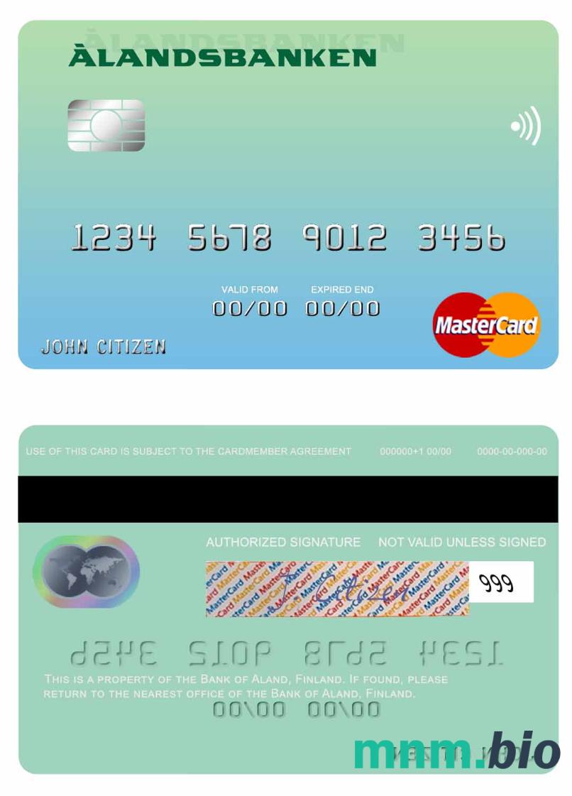 Finland Bank of Aland przykład karty mastercard w formacie PSD